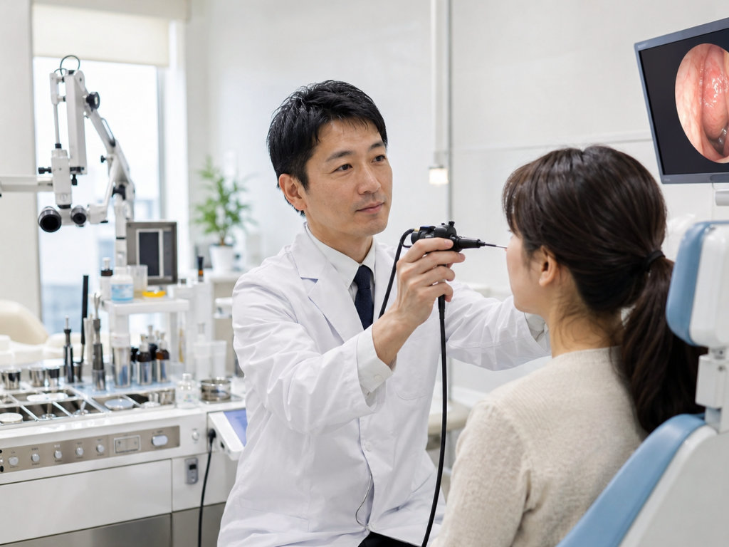 耳鼻咽喉科で医師が患者さんの耳鼻の診察をしている診察室の写真