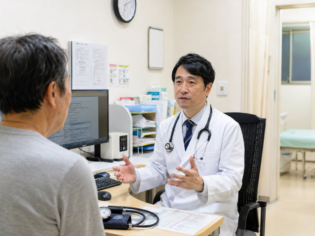 内科で医師が患者さんに生活習慣病の通院方針を説明している診察室の写真