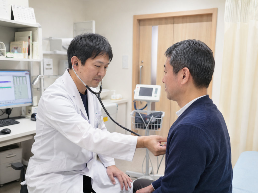 内科で医師が男性患者さんに聴診している診察室の写真