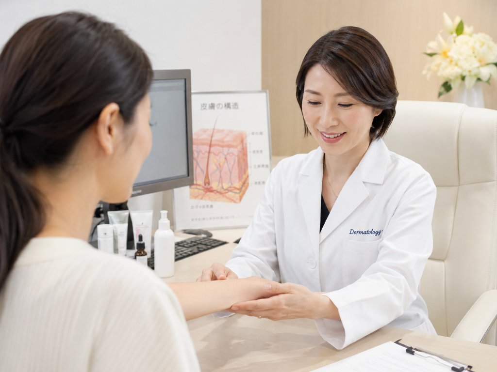 皮膚科で医師が患者さんの腕の症状を確認している診察室の写真