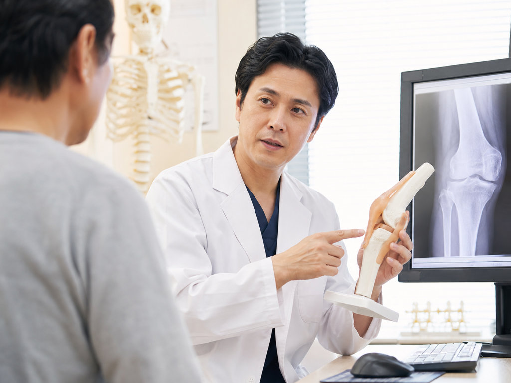整形外科で医師が膝の模型とレントゲンを使って説明している写真