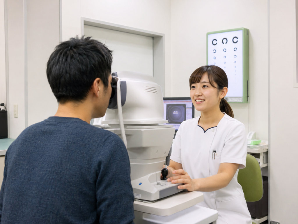 眼科でスタッフが検査機器を使って患者さんの目の状態を確認している写真