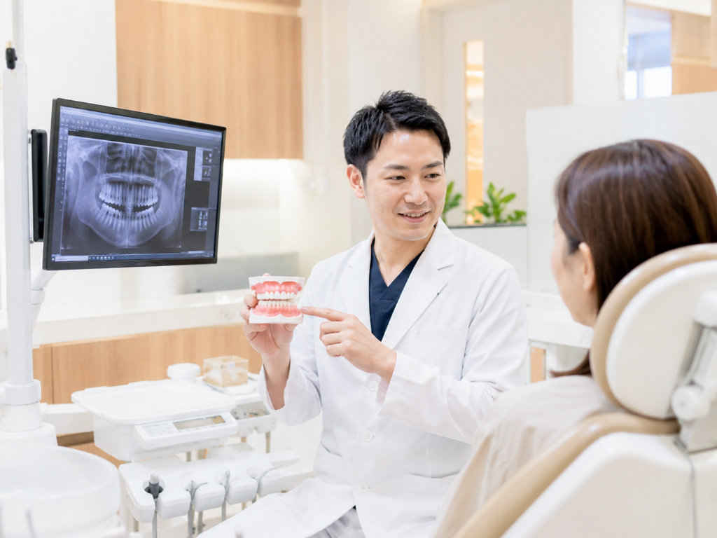 歯科医院で歯科医師が歯の模型とレントゲンを使って説明している写真
