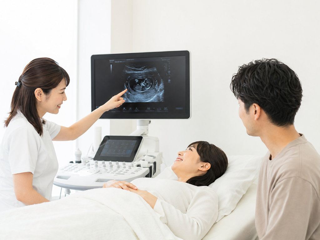 産婦人科で妊婦さんと家族に超音波画像を見せながら説明している写真